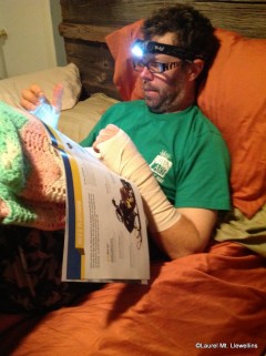 Scott wearing the Remix while reading following surgery.