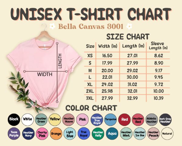 Size and Color Chart for the Grouse Camp Bella Cana 3001 Tee