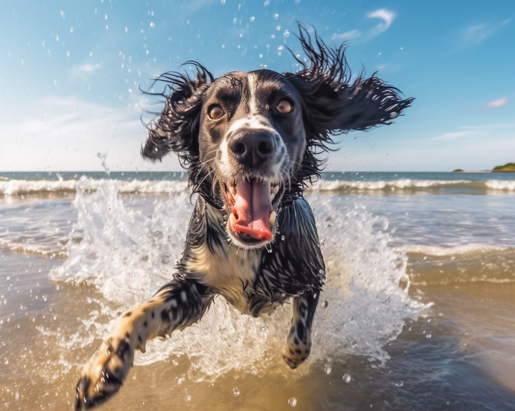 A Llewellin Setter playing in the waves on a beach.