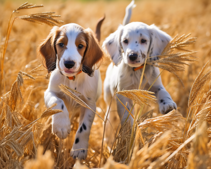 Two Llewellin Setter Puppies Running in a field