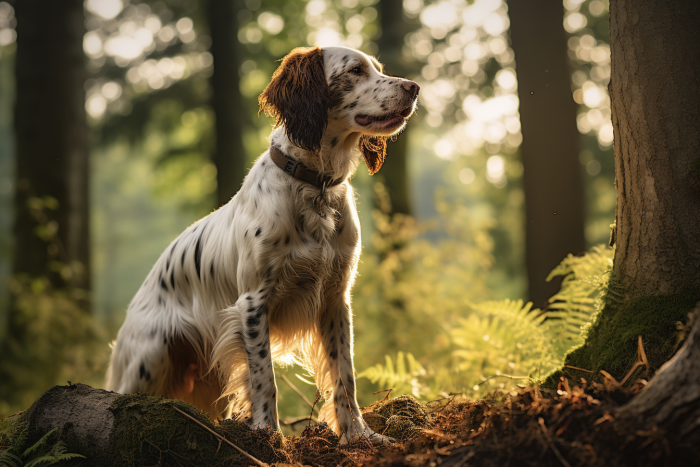Picture of a Llewellin Setter in the woods